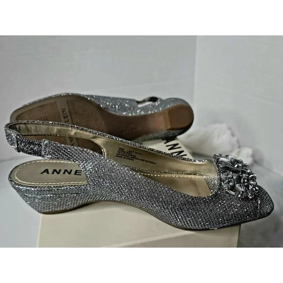 Anne Klein Women's Size 6 Metallic Silver Helissa Embellished Slingback Sandals - Picture 4 of 10